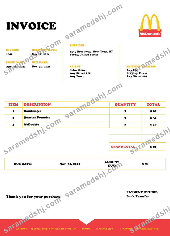 USA Mcdonald’s invoice template